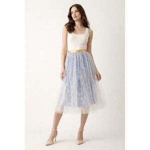 Anthropologie Silk Skirt Blue Floral Gold Waist 4 Fairy Elevenses Tulle Overlay